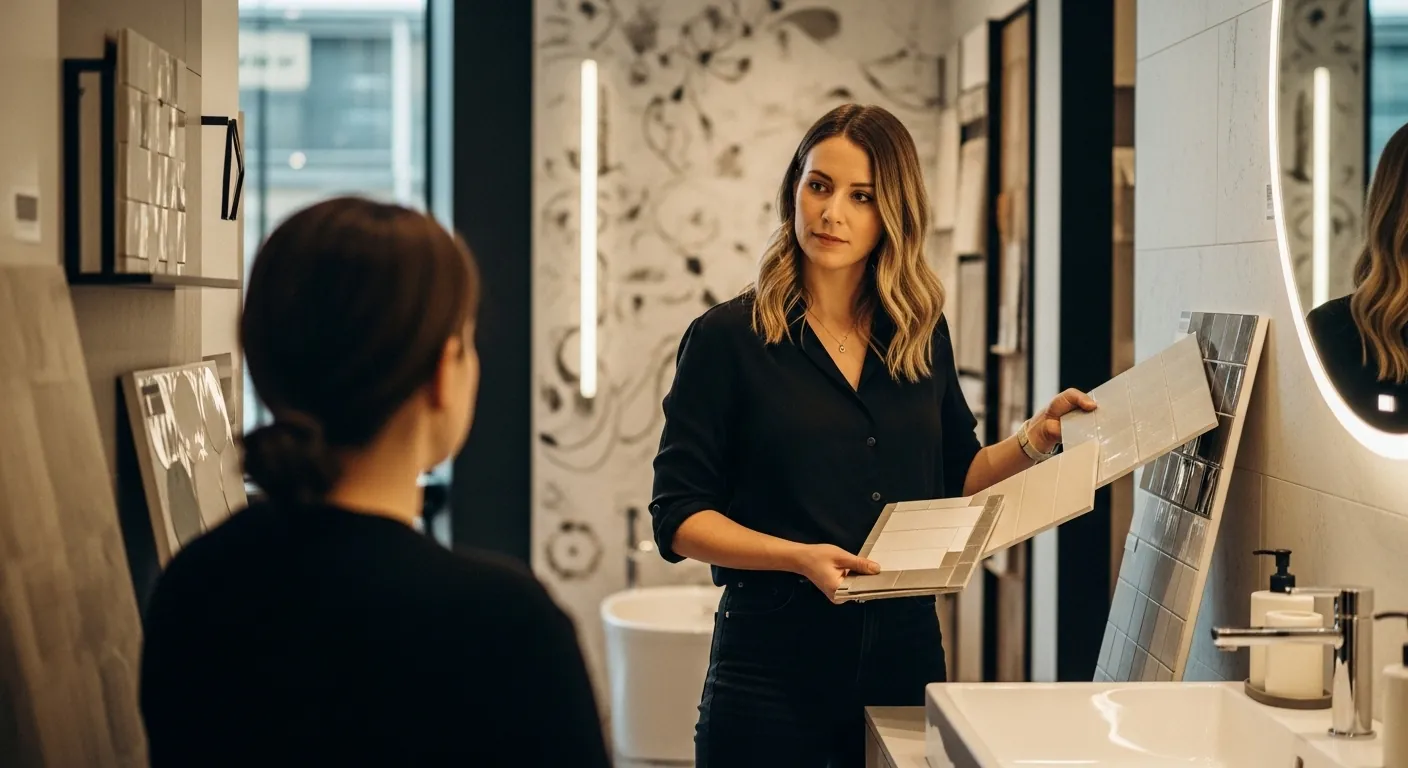 Laure, écoutant une cliente, fournitures à la main.