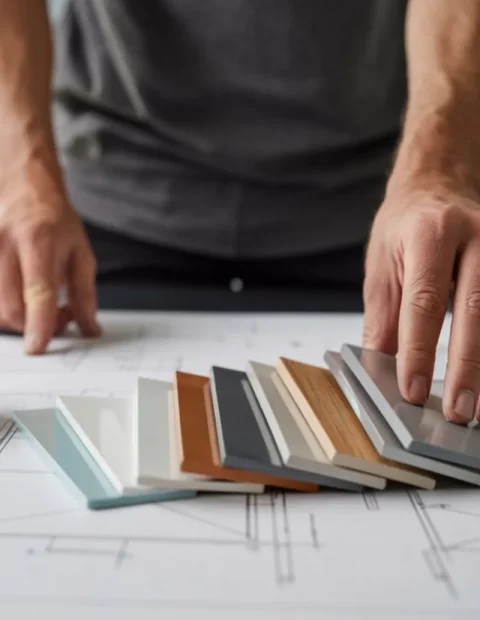 Choix des fournitures Ducci sur une table avec le plan d'une salle de bain.